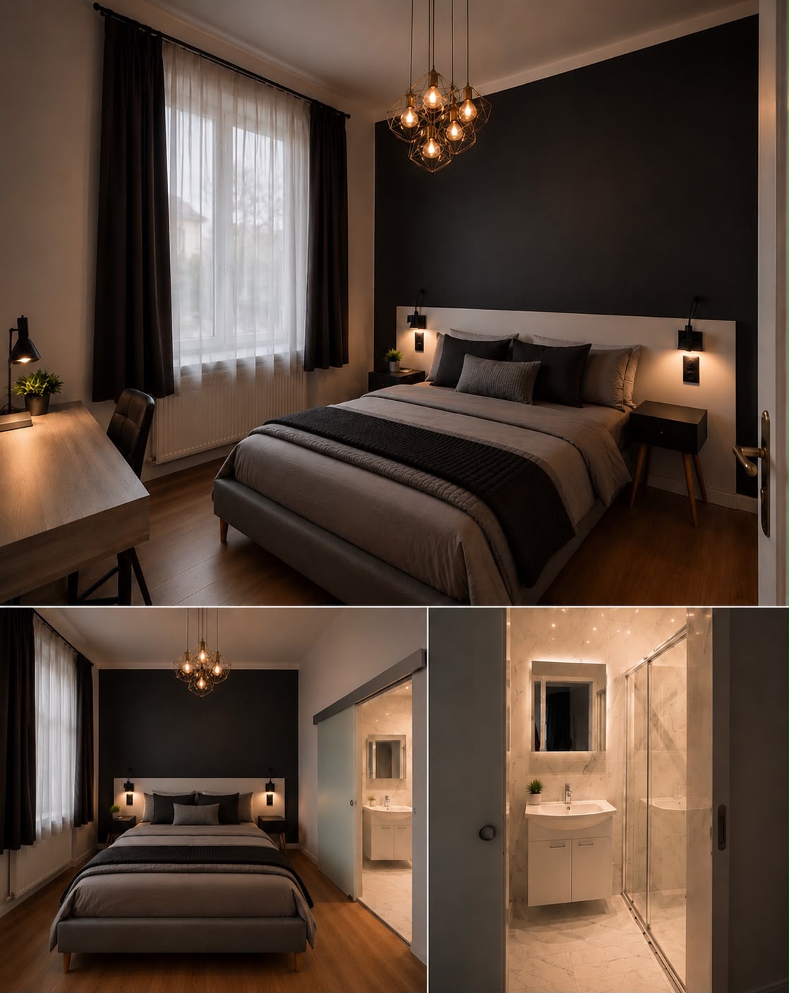 Bedroom with geometric chandelier
