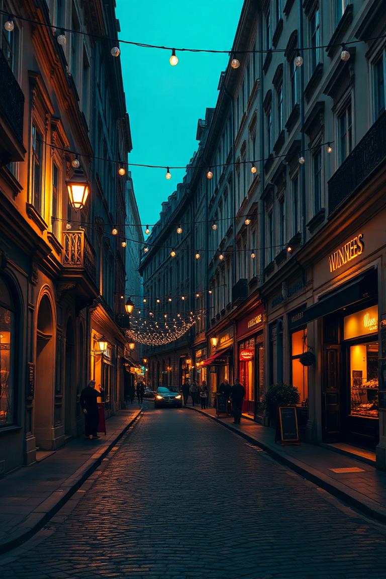 Király utca at dusk with string lights